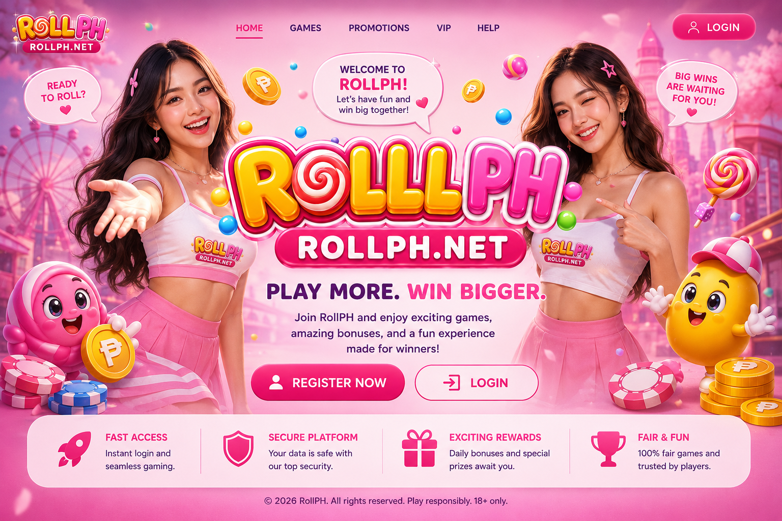 RollPH candy-style gaming landing page with welcoming Filipina hosts